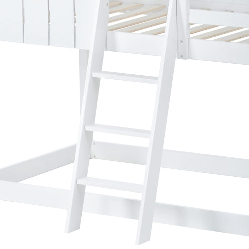 Wooden Bunk Bed, Loft Bed With Ladder And Guard Rail, Mid-Sleeper Cabin Bed, 3 FT Single Treehouse Canopy, Shaped With Space-Saving Design For Children& Kids Home White-90x190 Cm