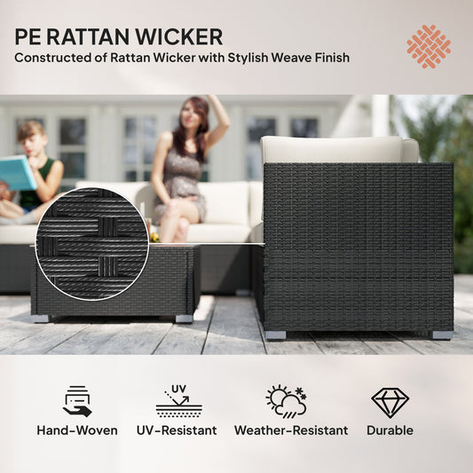 8 Piece Rattan Corner Sofa Set With Wide & Deep Seat, Assembled Aluminium PE Rattan Garden Furniture Set With Thick Cushions And Glass Top Table For Outdoor, Conservatory, Black