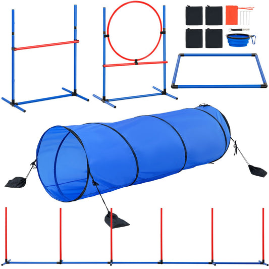 Dog Agility Training Equipment, 5 PCS Set With Adjustable High Hurdles,6 Weave Poles, Tunnel, JumpRing, Pause Box, Whistle, Foldable Bowl, Puppy Obstacle Course Kit With Storage Bags